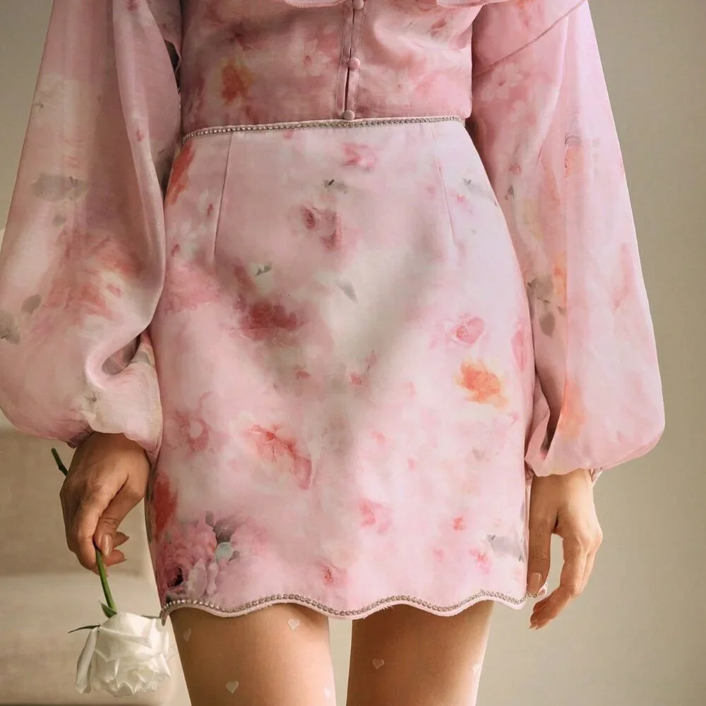 Multicolor Boho Women's Floral Print High Waist Skirt with Pearls & Rhinestones - Picture 3 of 7